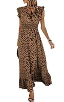 ASOMI Damen Kleider Langes Blumen: Hochzeit Strandkleid Boho Sommerkleid Lässig Wickelkleid Elegant Cocktailkleid Partykleid Swing V-Ausschnitt Kurz Flügelärmel Rüschen Maxikleid 23Khaki M