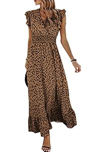 ASOMI Damen Kleider Langes Blumen: Hochzeit Strandkleid Boho Sommerkleid Lässig Wickelkleid Elegant Cocktailkleid Partykleid Swing V-Ausschnitt Kurz Flügelärmel Rüschen Maxikleid 23Khaki M