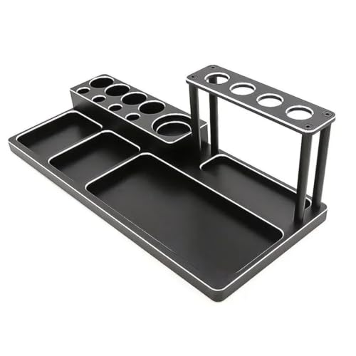 Outils voiture RC bien rangés sur ce support en aluminium pour stands de course