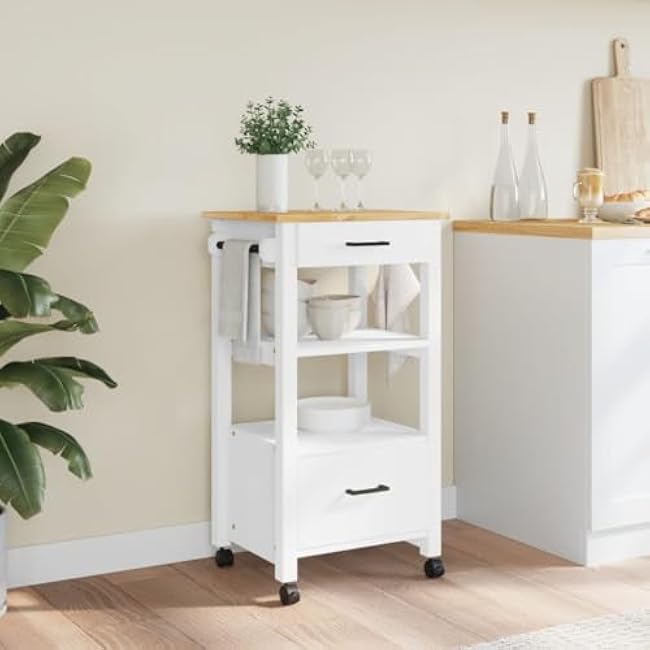 Enhance Kitchen Storage with Wooden Trolley, Durable Pine Construction, 2 Drawers & Wheels for Easy Mobility, White and Wax-cQwOVBEn