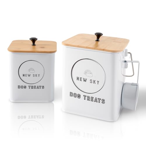 NewSky Dog Treat Container Dog Treat Jar Set of 2 with Airtight Wooden Lid Dog Treat Canister and Storage 78×62 73×55 Dog Cookie Jar for kitchen Counter Pet Treat Container–White
