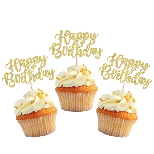 SYKYCTCY 24 Pack Happy Birthday Cupcake Toppers Glitter Celebrating Birthday Cupcake Picks for Baby Shower Kids Birthday Theme Party Cake Decorations Supplies