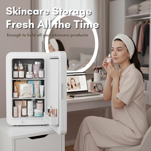 Image of Kikihouse 12L /22L Mini Fridge for Bedroom, Personal Small Refrigerator for Skin Care, Cosmetics, 110V /12V Portable Refrigerator Cooler & Warmer for Drinks, Food, Beauty, Makeup, Dorm, Car, Office