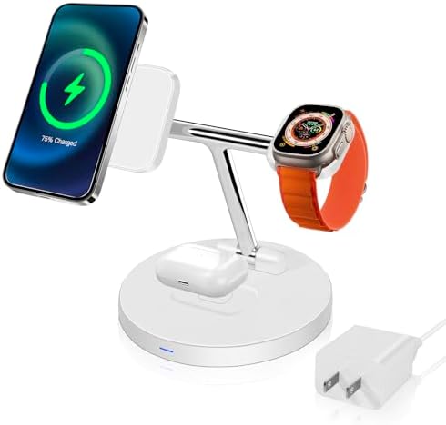 2024 Upgraded Version for Apple’s 3 in 1 Wireless Charger ，Phone Charger Station for iPhone 15, 14 & 13,12 Series & AirPods Pro & All Apple Watch Series,Cable and Adapter Included (White)