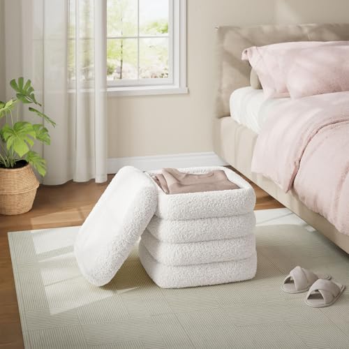 WOLTU Taburete Almacenaje Plegable de Almacenamiento, Taburete Reposapiés para Sofá y Cama, Baúl Puff con Tapa Extraible, Cuadrado, Tapizado de Tejido Polar Teddy, 37,5x37,5x38 cm, Blanco - imagen 8