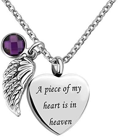 JewelryJo Urn Necklace for Ash Women Angel Wing Love Heart CZ Birthstones Women Pendants A Piece of My Heart is in Heaven