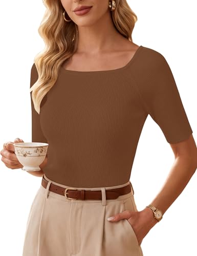 Blooming Jelly Womens Summer Tops Short Sleeve Pullover Sweaters Lightweight Off Shoulder Blouse Dressy Casual Outfits 2026(Brown Coffee Small)