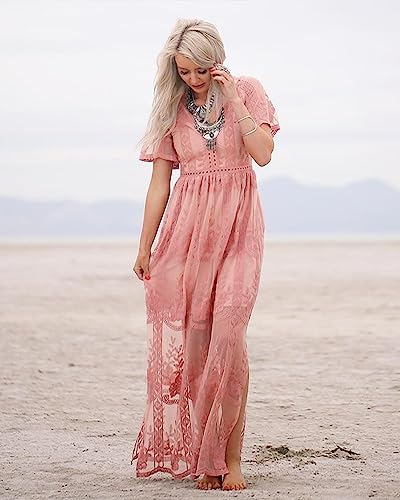 Image of LRISES Womens V Neck Floral Embroidered Lace Wedding Maxi Dress Boho Short Sleeve Slit Bridesmaid Evening Party Dresses