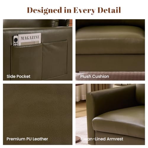 Image of Kingfun Faux Leather 3-Seater with Side Pocket, Olive Green