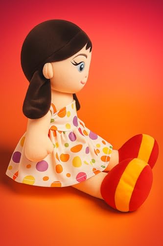 Image of SARO Soft Plush Doll for Kids Cute Girl Toy with Flower Print Dress & Soft Stuffed Cuddly Gift Home Decor (35 cm) | (Doll Yellow)