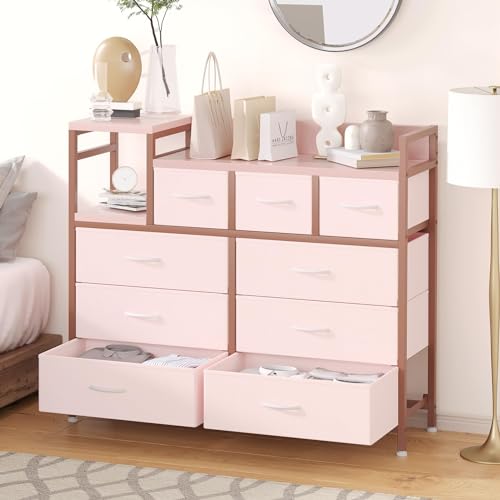 GarveeHome 9-Drawer Storage Bedroom Dresser TV Stand | Multi-Functional with Built-in Charging Station, Tall Dresser for Closet Organization, Kids Room & Apartments, Pink