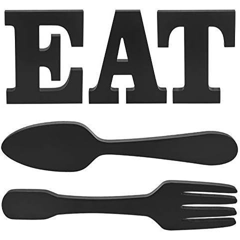 EAT Letter Sign + Fork Spoon Wall Hanging Sign,Large Wooden Letters for Kitchen Sign Dinning Room Restaurant Coffee Shop Wall Mounted Decoration (Black)L8 Cover