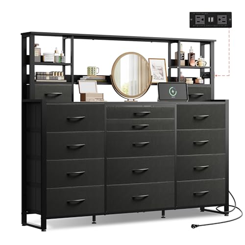 WLIVE Storage Organizer Unit with 15 Fabric Drawer & 5 Open Shelves, Tall Black Storage Drawers...