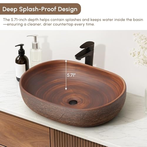 COGITIL Vessel Sink, 23" Bathroom Sink for Retro Style Countertop Washbasin, Handmade Patterned Elegant Ceramic Oval Bowl Sink for Modern and Classic Bathrooms Without Overflow