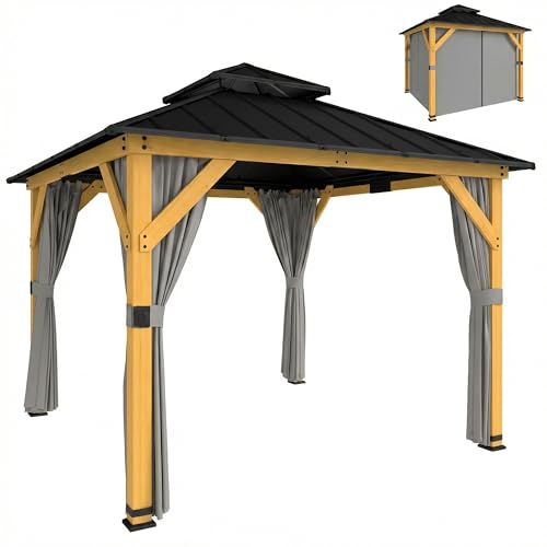 Outsunny 3 x 3 m Outdoor Hardtop Gazebo Canopy with 2-Tier Galvanised Steel Roof and Solid Wood Frame, Garden Gazebo Patio Shelter with Curtains, Hook, Grey