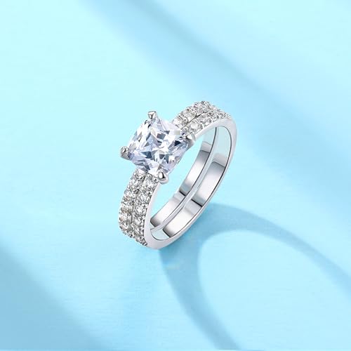 2CT Cushion Cut Engagement Rings for Women Fake Wedding Ring Band Promise Rings for Her, Sparkle CZ Ring Set 2 PCS, Size 4-114
