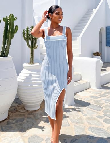 Image of MEROKEETY Womens Summer Striped Bodycon Ribbed Knit Midi Sweater Dress 2026 | Sleeveless Long Tank Dress, Soft, Stretchable, Maternity, Baby Shower, Gender Reveal, Bump Friendly, Beach, Vacation Outfit