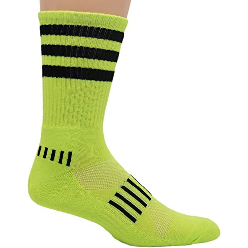 Neon Yellow and Black Triple Stripe Performance Crew Socks - Main Image
