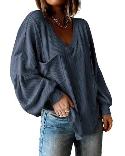 BTFBM Womens Fall Fashion 2026 Long Sleeve Shirts Casual V Neck Ribbed Knit Blouses Pullover Trendy Loose Fit Tunic Tops(Solid Light Grey Blue, Small)