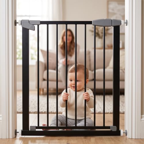 Image of StarAndDaisy Baby Safety Gate for Stairs, Doorways & Hallways, Child Safety Gate with Dual Lock, Auto-Close, No Drill Pressure Mount, Staircase Gate Baby Safety | Safety Gate for Kids Home | Black