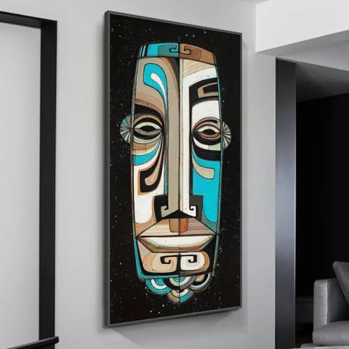 Peinture abstraite de visage noir et bleu pour habiller un grand mur vide de salon