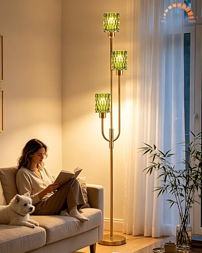 Image of 66IN Glass Floor Lamp 3-Lights Modern Gold Dimmable Floor Lamps with 3000K Warm White Bulbs for Wedding Party Modern Tall Standing Lamp with Green Glass Shade for Living Room /Bedroom /Home Decor