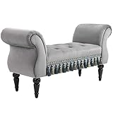 HOMCOM Banc Banquette capitonnée Design accoudoirs courbés Pompons Pieds Bois hévéa revêtement Velours Gris