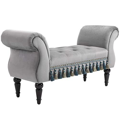 HOMCOM Banc Banquette capitonnée Velours Bout de lit avec accoudoirs Pieds Bois hévéa Gris 40P x 117l x 58H cm