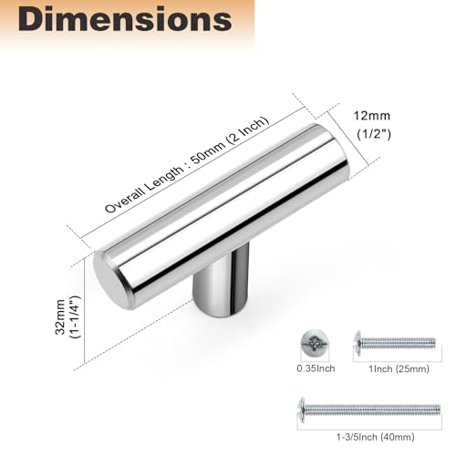 Probrico 10 Pack|2 Inch Kitchen Cabinet Door Knobs Polished Chrome Finished, Single T Bar Drawer Dresser Knobs for Cupboard Bathroom Bedroom by Probrico - Image 4