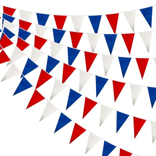 Image of Patriotic Hanging Triangle Flag Pennant Garland Red White and Blue Hanging Paper Pennant Streamer for 4th of July, Independence Day, Memorial Day, Veterans Day, Labor Day Decorations 30 Feet