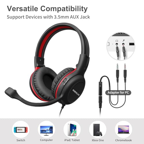 Image of SIMOLIO Wired Headphones for School with Microphone, Stereo Kids Headphone with Flexible Swivel Boom Mic for Student K12 & Teacher & E-Learning, 3 Levels Volume Limiter Gaming Headsets for Boys, Girls