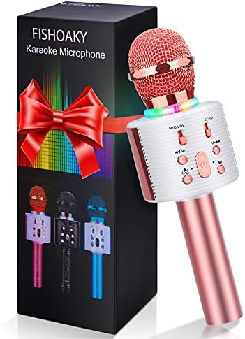 FISHOAKY Karaoke Microphone, Karaoke Machine Kids Portable Mic Player Speaker with LED & Music Singing Voice Recording for Christmas Birthday Home Party KTV Outdoor