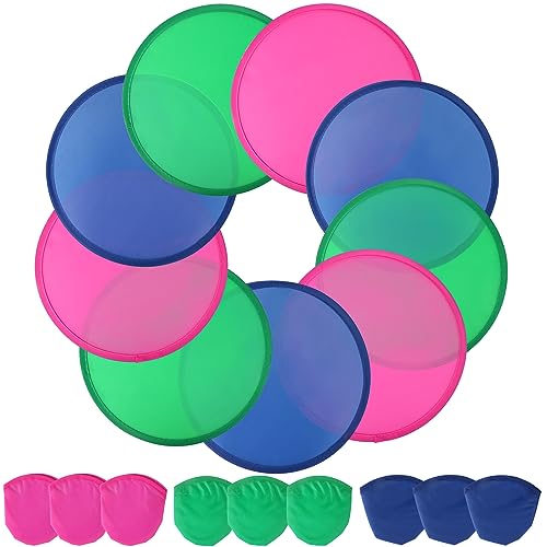 TOSAMZOO 9 Pieces Foldable Flying Disc or Fan with Storage Bag Assortment Fans Set Beach Flying Disc- 9.8