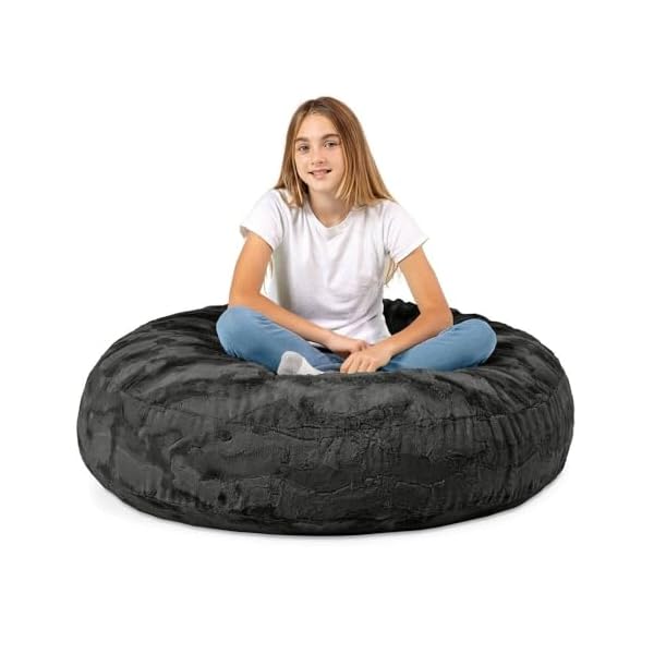 Black color 4 foot faux fur big bean bag chair size 48 l x 48 w x 16 h incredibly soft removable and machine washable cover with childproof zipper lock  urban country home decor