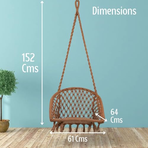 Image of Swingzy Premium Cotton D-Shape Hanging Swing Chair for Home, Balcony & Garden | Indoor & Outdoor Hammock for Kids & Adults | Stylish Brown Net Design with Comfortable Seating (64 x 61 x 152 cm,Brown)