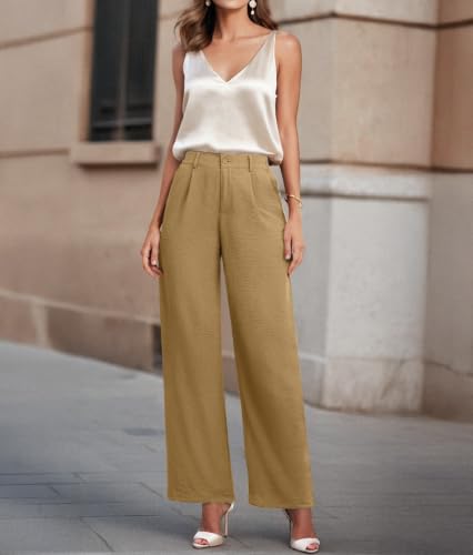 Image of Feiersi Womens Casual Wide Leg Pants High Waisted Button Down Straight Long Trousers Palazzo Pants