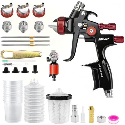 819 HVLP Air Spray Gun Kit with 1.4/1.7/2.0mm Nozzles Paint Gun Includes 10 x 650ml Mixing Cups Automotive Paint Gun with Integrated Air Regulator Suitable for Car Paint Primer & Touch-Up