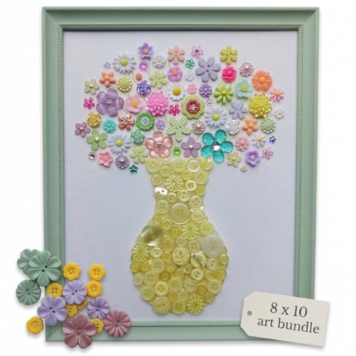 Flower Button Art Bundle | 75+ Assorted Flower Buttons + Yellow Fillers | Craft & DIY Decor Kit (8” x 10” Frame Size)