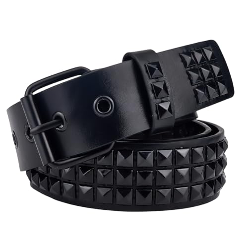 GORGECRAFT Black Rivet Belt PU Leather 44.4 x 2 Inch Gothic Punk Rock Bright Metal Alloy Pyramid Studs Studded Grommet Threads Belts for Clothing Jeans Pants Dresses Women Men Supplies