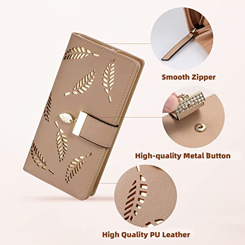 Image of Sweet Cute Chocolate Women's Long Leaf Bifold Wallet Leather Card Holder Purse Zipper Buckle Elegant Clutch Wallet Handbag for Women - Khaki