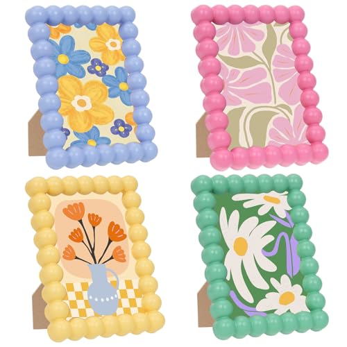 FUPMILPHRANX 4 Pack Colorful Beaded Picture Frames 4x6 Inch Cute Decorative Photo Frame for Destop & Wall Aesthetic Home Decor Gift for Wedding Graduation (Pink Green Yellow Blue)