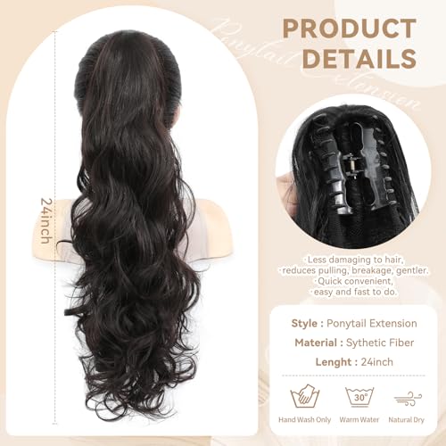 Image of 24 inch Ponytail Extension, Long Curly Wavy Claw Clip and Natural-Looking Synthetic Hairpiece, Voluminous Pony TailHair Extensions for Women Daily Wear. (Black, 24Inch)