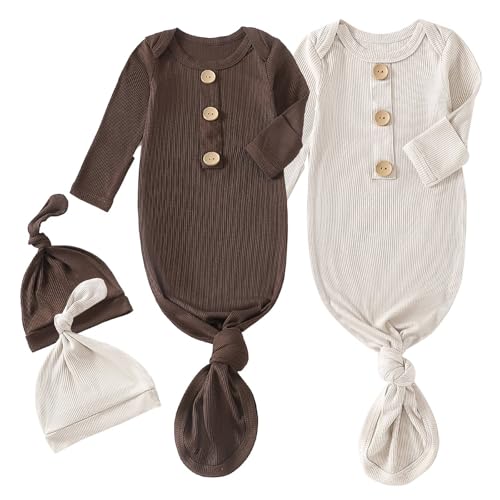 OPAWO Knotted Gown Baby Newborn Sleepers Baby Boy Coming Home Outfit, Bamboo Viscose Newborn Gowns with Mitten Cuffs and Hat Set(Brown + Khaki, New born)