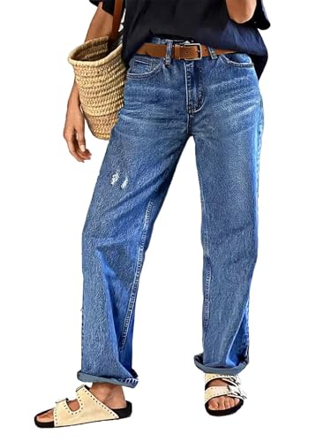 Flamingals Women's Straight Leg Crop Jeans Mid Rise Ripped High Stretch Washed Roll Hem Denim Jeans for Women