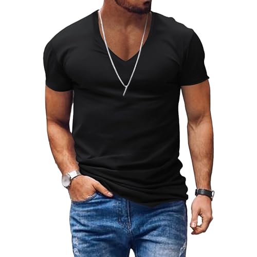 Camiseta ligera e informal para hombre, cuello en V, lisa, transpirable, manga corta, de algodón, Negro, XL