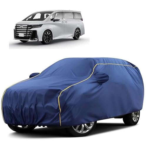 Image of Sulfar 100% Water Resistant Car Body Cover Compatible with Mirror for Toyota Vellfire (Triple Stitched, Full Bottom Elastic, Blue Tafetta with Yellow Piping)