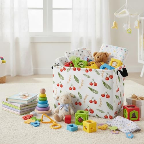 Image of Kid Cute Rectangle Storage Basket Baby Toy Clothes Storage Bin Nursery Playroom Bedroom Decor Basket (Painted Cherry)