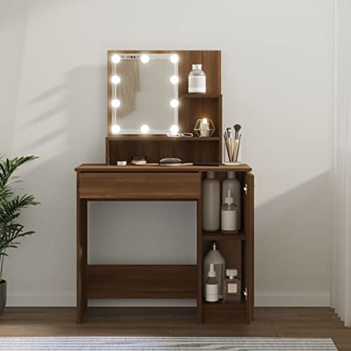 Camerina Tocador con LED marrón roble 86,5 x 35 x 136 cm, tocador para dormitorio, tocador