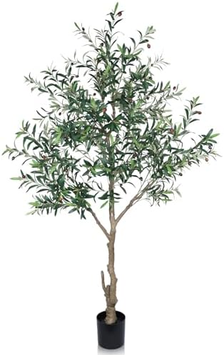 Artificial Olive Tree Indoor, 7FT Faux Olive Tree Large with Dense Leaves, Lifelike Fruits and Thick Trunks, 84 inch Tall Fake Olive Tree for Modern Home Office Living Room Bedroom Decor
