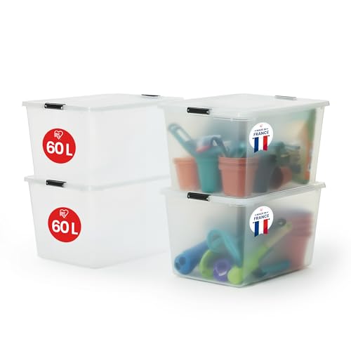 Iris Ohyama, Boite Rangement Plastique avec Couvercle, 60L, Lot de 4, Transparent, Clips de Fermeture, Poignée,Empilable, Organisation Solide et Durable, pour...
